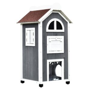pawhut 43" h wooden cat house outdoor with hammock, weatherproof 3-floor feral cat shelter with escape doors, asphalt roof, inside ladders, gray