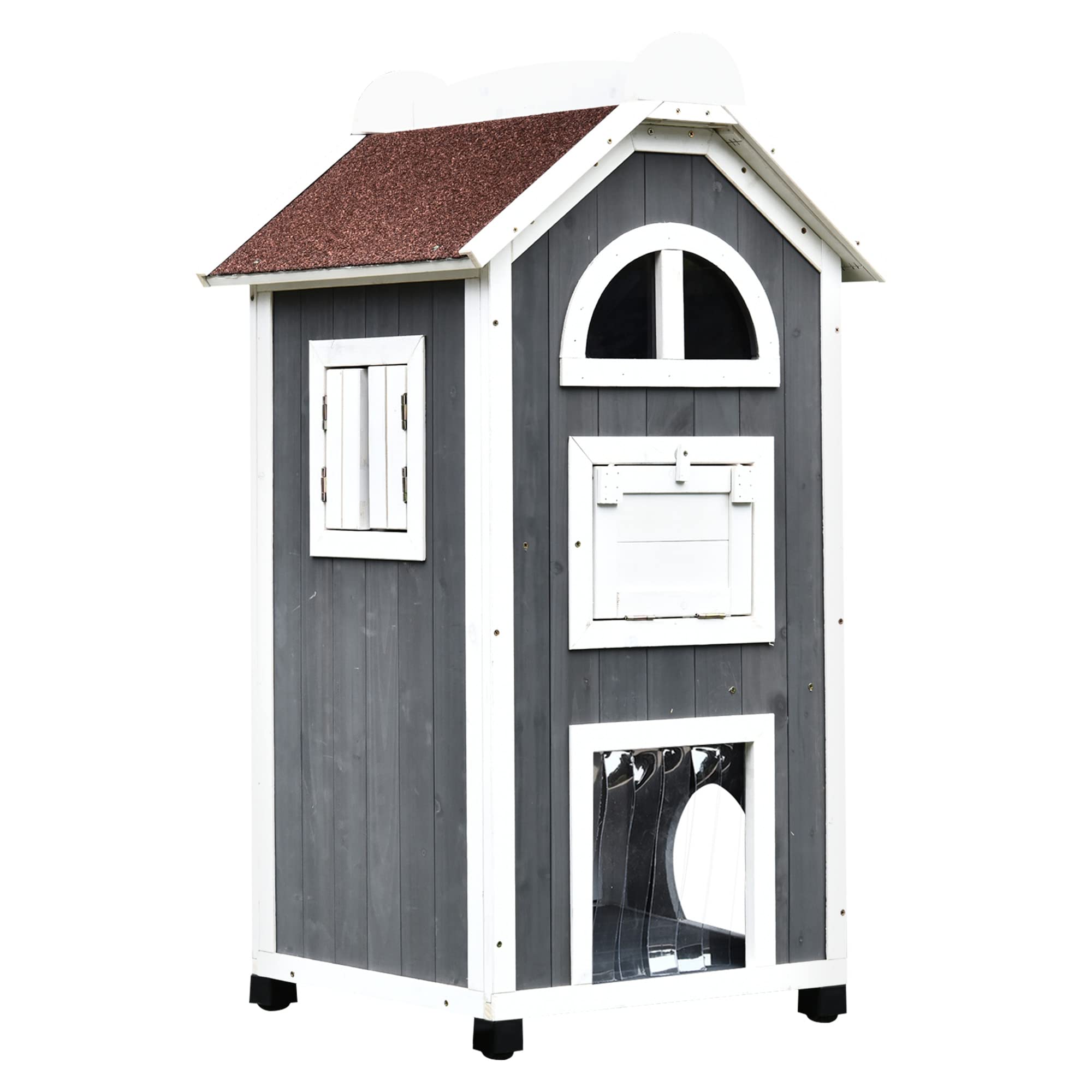 PawHut 43" H Wooden Cat House Outdoor with Hammock, Weatherproof 3-Floor Feral Cat Shelter with Escape Doors, Asphalt Roof, Inside Ladders, Gray