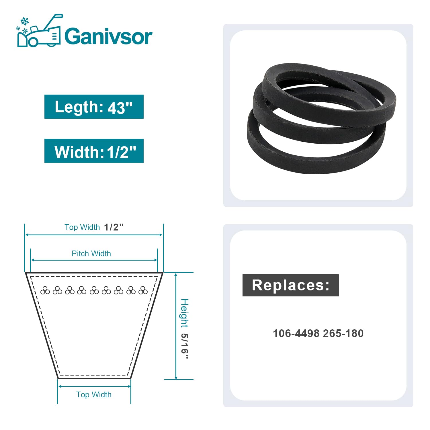 Ganivsor 106-4498 Drive Belt for Toro 726 OE 826 Stens 265-180 (1/2" X 43")