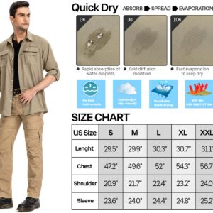 Men’s Long Sleeve Shirts UV UPF 50 Sun Protection Hiking Fishing Safari Shirt Quick Dry Cool Utility Blouse (5052 Khaki S)