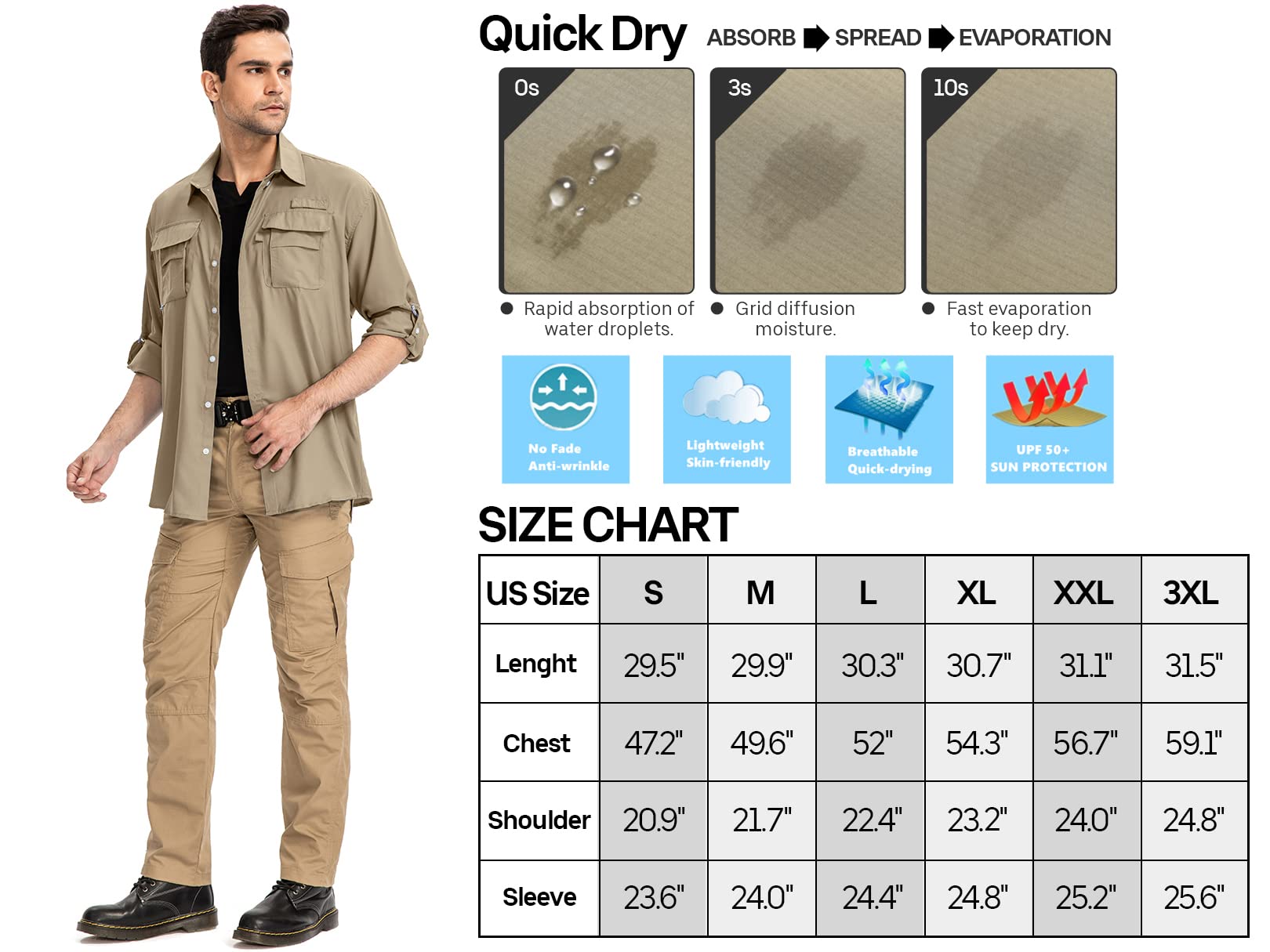 Men’s Long Sleeve Shirts UV UPF 50 Sun Protection Hiking Fishing Safari Shirt Quick Dry Cool Utility Blouse (5052 Khaki S)