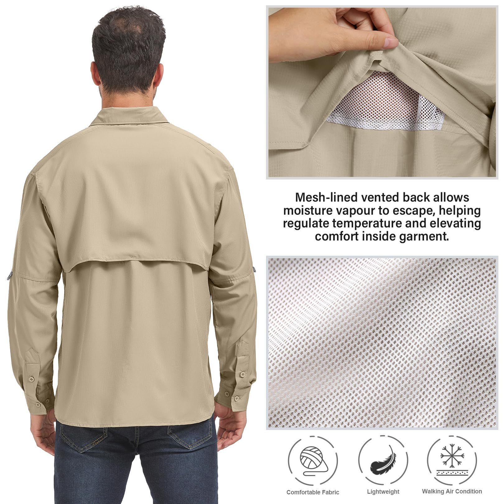 Men’s Long Sleeve Shirts UV UPF 50 Sun Protection Hiking Fishing Safari Shirt Quick Dry Cool Utility Blouse (5052 Khaki S)