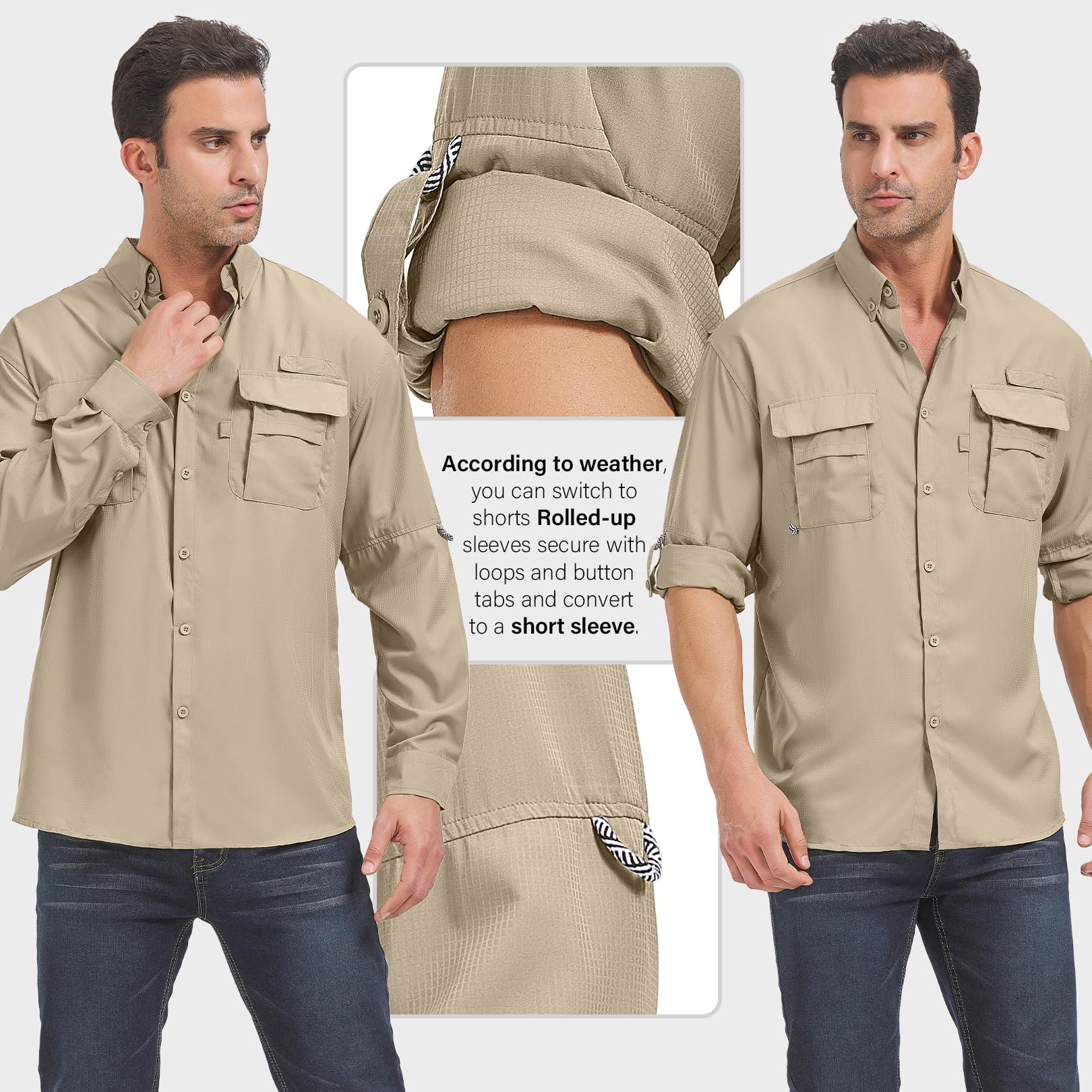 Men’s Long Sleeve Shirts UV UPF 50 Sun Protection Hiking Fishing Safari Shirt Quick Dry Cool Utility Blouse (5052 Khaki S)