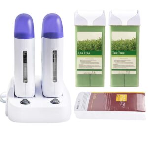 double depilatory wax heater roller body hair removal roll on waxing machine with heater base for personal & professional use beauty salon (wax heater with 200g tea tree wax)