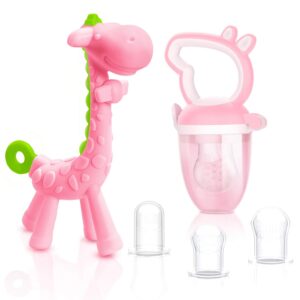 share&care baby teething toys for girls and natural organic fruit feeder pacifier/baby teether chew toys fresh food feeder/ 1 teethers and 1 feeder with 3 silicone sacs(pink)