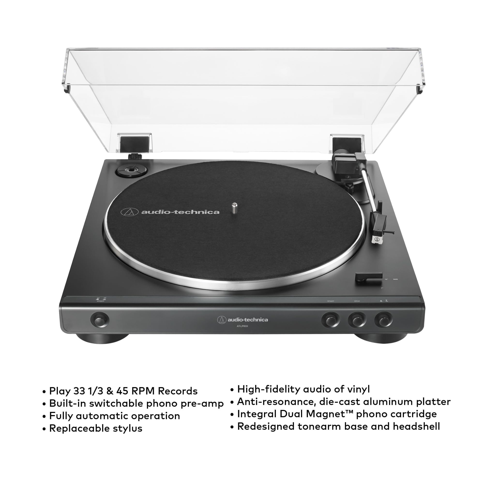 Audio-Technica AT-LP60X Fully Automatic Belt-Drive Stereo Turntable with Built-in Preamp and USB Output Vinyl Playback Bundle with 3-Inch Powered Studio Monitors Pair (Black) (3 Items)