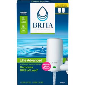 Brita Faucet Mount System, Water Faucet Filtration System with Filter Change Reminder, Reduces Lead, Made Without BPA, Fits Standard Faucets Only, Elite Advanced, White, Includes 2 Replacement Filters