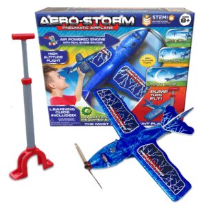 top secret toys aero-storm aerobatic toy stunt plane (blue) with air powered engine, high flying trick airplane, propeller powered by hand pump pressurized air, stem toy for kids, boys, girls ages 8+