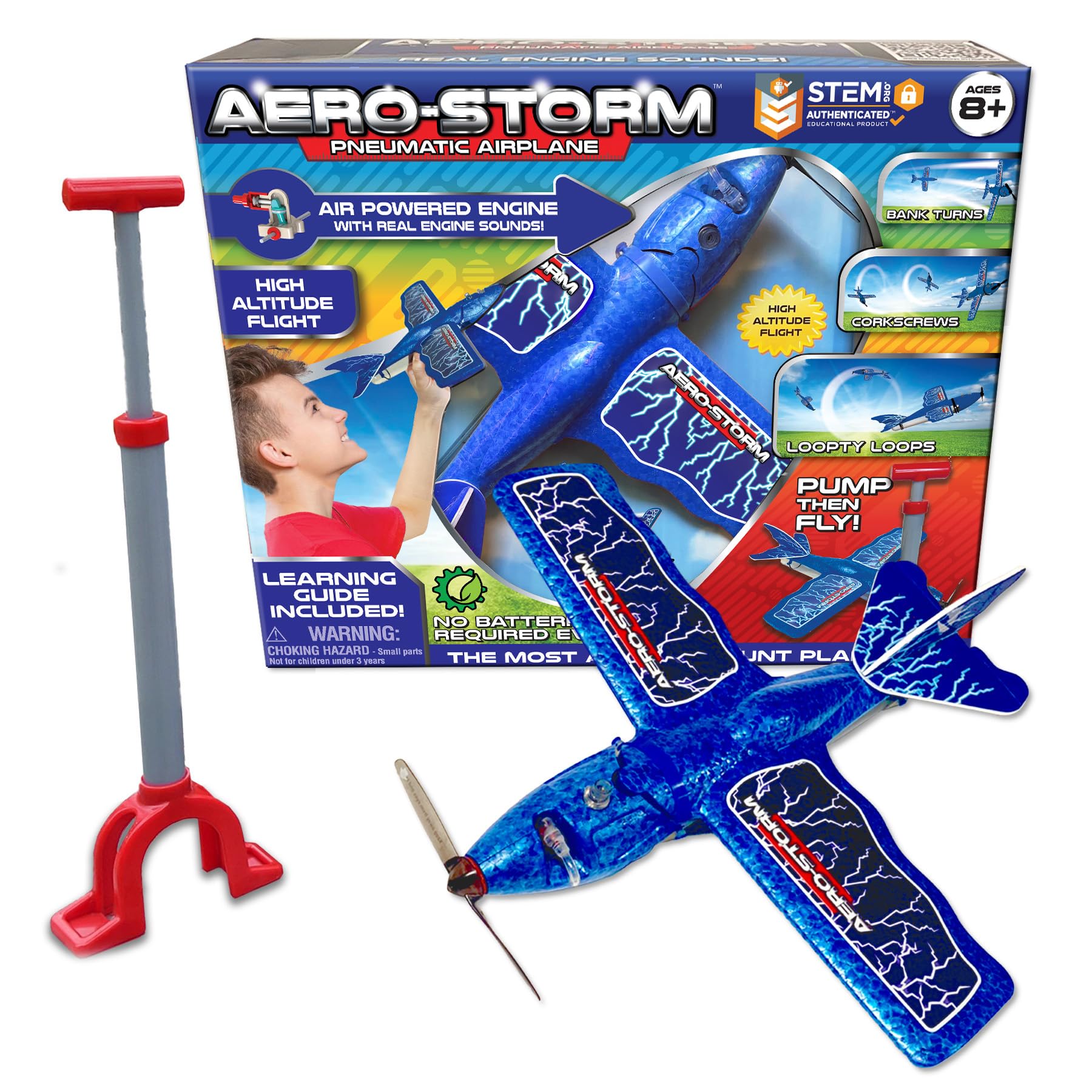 Top Secret Toys Aero-Storm Aerobatic Toy Stunt Plane (Blue) with Air Powered Engine, High Flying Trick Airplane, Propeller Powered by Hand Pump Pressurized Air, STEM Toy for Kids, Boys, Girls Ages 8+