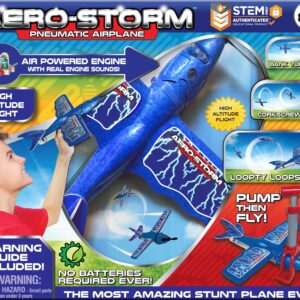 Top Secret Toys Aero-Storm Aerobatic Toy Stunt Plane (Blue) with Air Powered Engine, High Flying Trick Airplane, Propeller Powered by Hand Pump Pressurized Air, STEM Toy for Kids, Boys, Girls Ages 8+