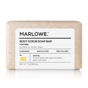 marlowe. no. 102 men's body scrub soap 7 oz, warm santal scent, best exfoliating bar for men, made with natural ingredients, apricot seed powder, shea butter, olive oil, green tea extracts