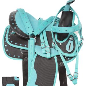 Acerugs 10" 12" 13" Synthetic Western Youth Kids SEAT Quarter Horse Saddle TACK PAD Headstall REINS Breast Collar Set (Turquoise, 12")