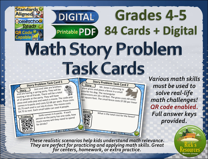 Math Word Problem Challenges Task Cards Print and Digital Versions