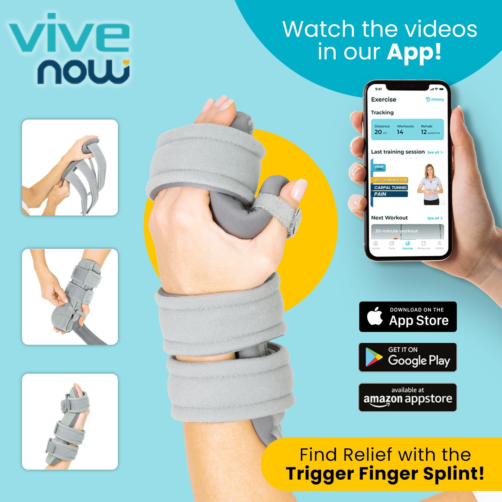 Vive Resting Hand Splint (Left) (w/ Rehab Video App) - Night Immobilizer Wrist Finger Brace - Thumb Stabilizer Wrap - for Arthritis, Tendonitis, Carpal Tunnel Pain - Functional Support for Sprains Fractures (Medium)