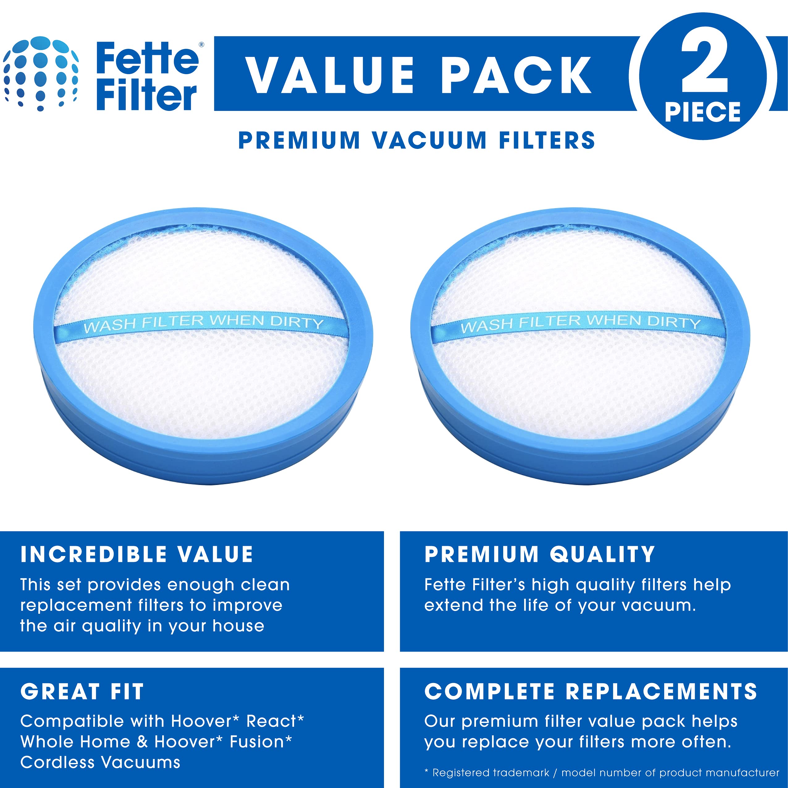 Fette Filter - Vacuum Filter Compatible with Select Hoover Vacuums. Compare to Part # 440010894 - Pack of 2