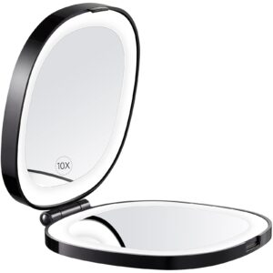 kedsum lighted travel makeup mirror, 1x/10x magnifying compact mirror with rechargeable led lights, dimmable double sided folding mirror, portable, large, daylight, usb charging (black)