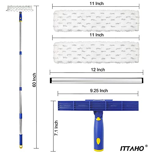 ITTAHO 53" Squeegee Window Cleaner, 2 in 1 Squeegee for Window Cleaning Tool Kit with Extension Pole, Window Cleaning Squeegee Kit for Shower Glass，Indoor,Outdoor High Window Cleaning-Two Pads