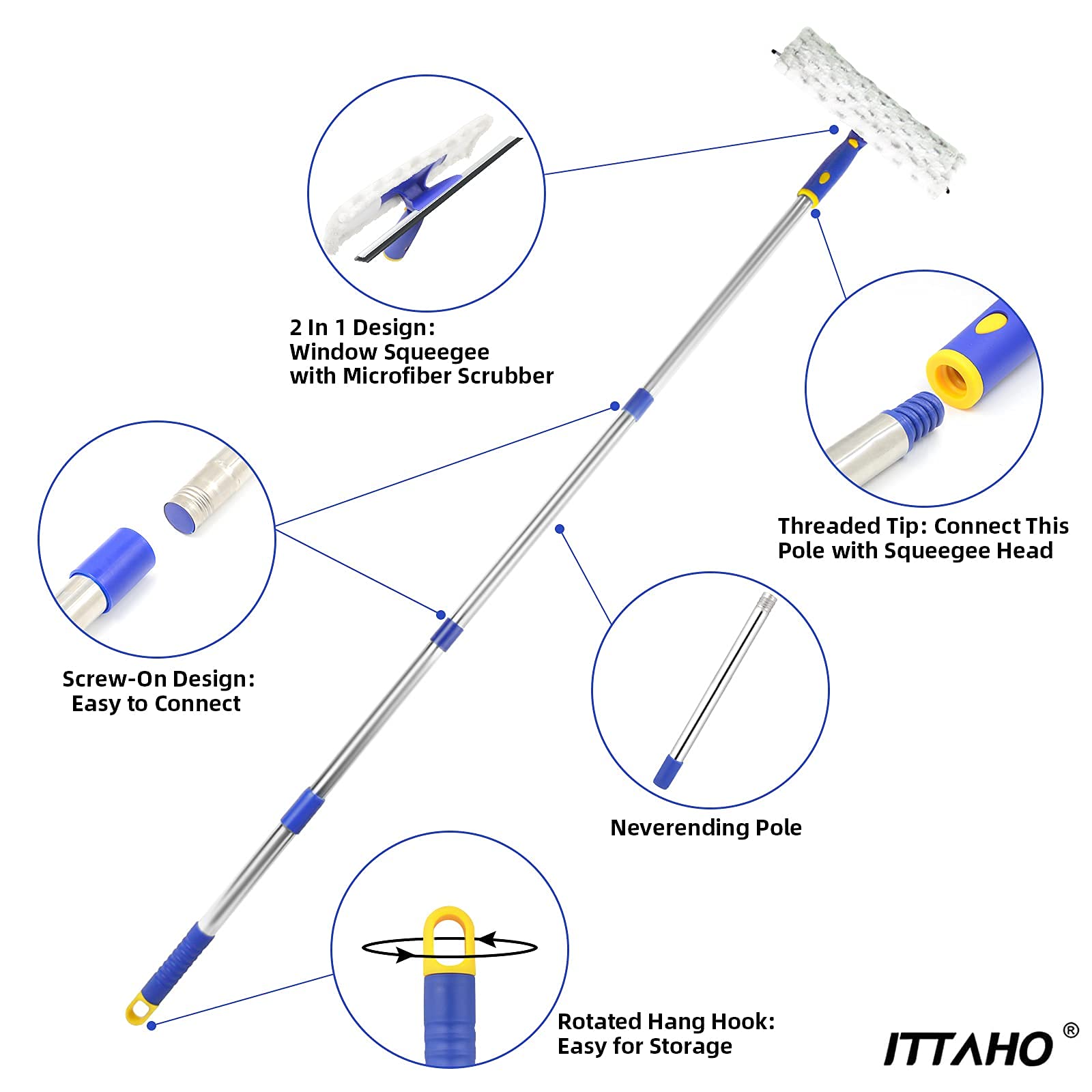 ITTAHO 53" Squeegee Window Cleaner, 2 in 1 Squeegee for Window Cleaning Tool Kit with Extension Pole, Window Cleaning Squeegee Kit for Shower Glass，Indoor,Outdoor High Window Cleaning-Two Pads