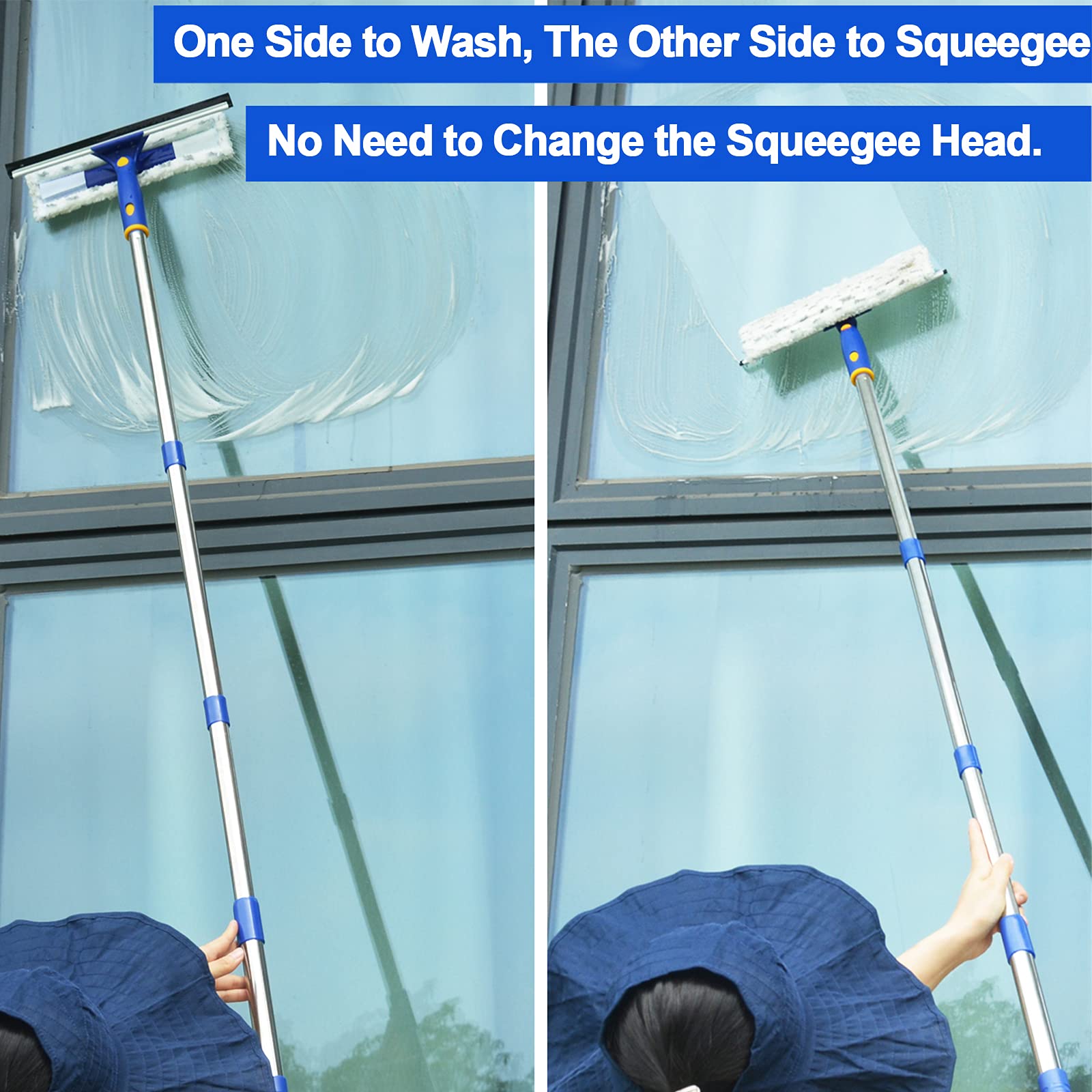 ITTAHO 53" Squeegee Window Cleaner, 2 in 1 Squeegee for Window Cleaning Tool Kit with Extension Pole, Window Cleaning Squeegee Kit for Shower Glass，Indoor,Outdoor High Window Cleaning-Two Pads