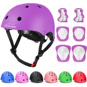 kamugo kids adjustable helmet, with sports protective gear set knee elbow wrist pads for toddler age 3-8 boys girls, bike skateboard hoverboard scooter rollerblading helmet set (purple)