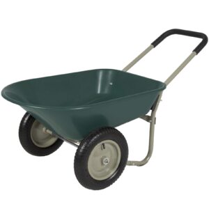 rolling mobile heavy duty polyurethane 2 tire wheelbarrow garden cart easy loading and dumping utility wagon perfect for transporting soil bricks and construction materials in your yard lawn