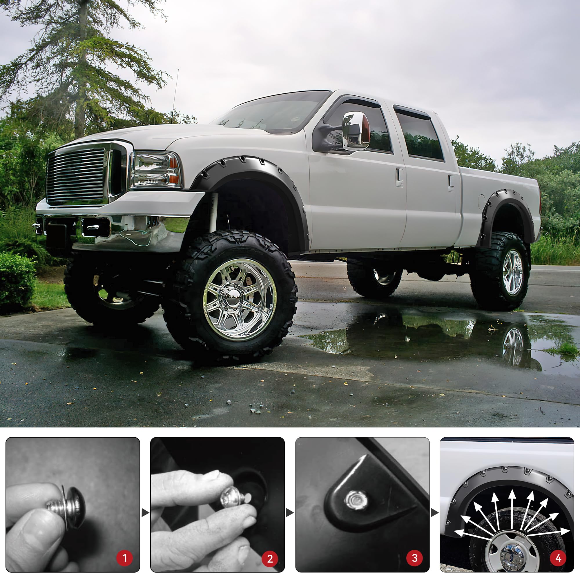 LEDKINGDOMUS Fender Flares Kit Compatible for 1999-2007 Ford F-250 / F-350 / F-450 Super Duty, UV Protected Dura-Flex Material Smooth Black Finish Front Rear Fenders Pocket Rivet Style 4pcs