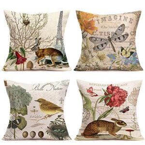 hopyeer 4pack rustic vintage animals throw pillow covers cotton linen decorative cute rabbits dragonflies robin birds butterfly classical pairs garden flowers pillow cushion cover 18"x18"(va-animals)
