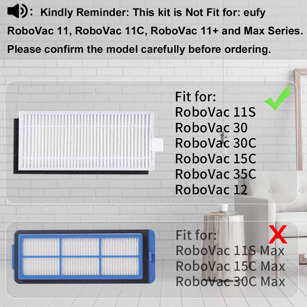 Replacement Parts Kit for Eufy RoboVac 11S, RoboVac 30, RoboVac 30C, RoboVac 15C, RoboVac 12, RoboVac 35C, Robotic Accessories,8 Filters,8 Side Brushes,1 Main Brush,1 Pre Filter,1 Rolling Brush Guard