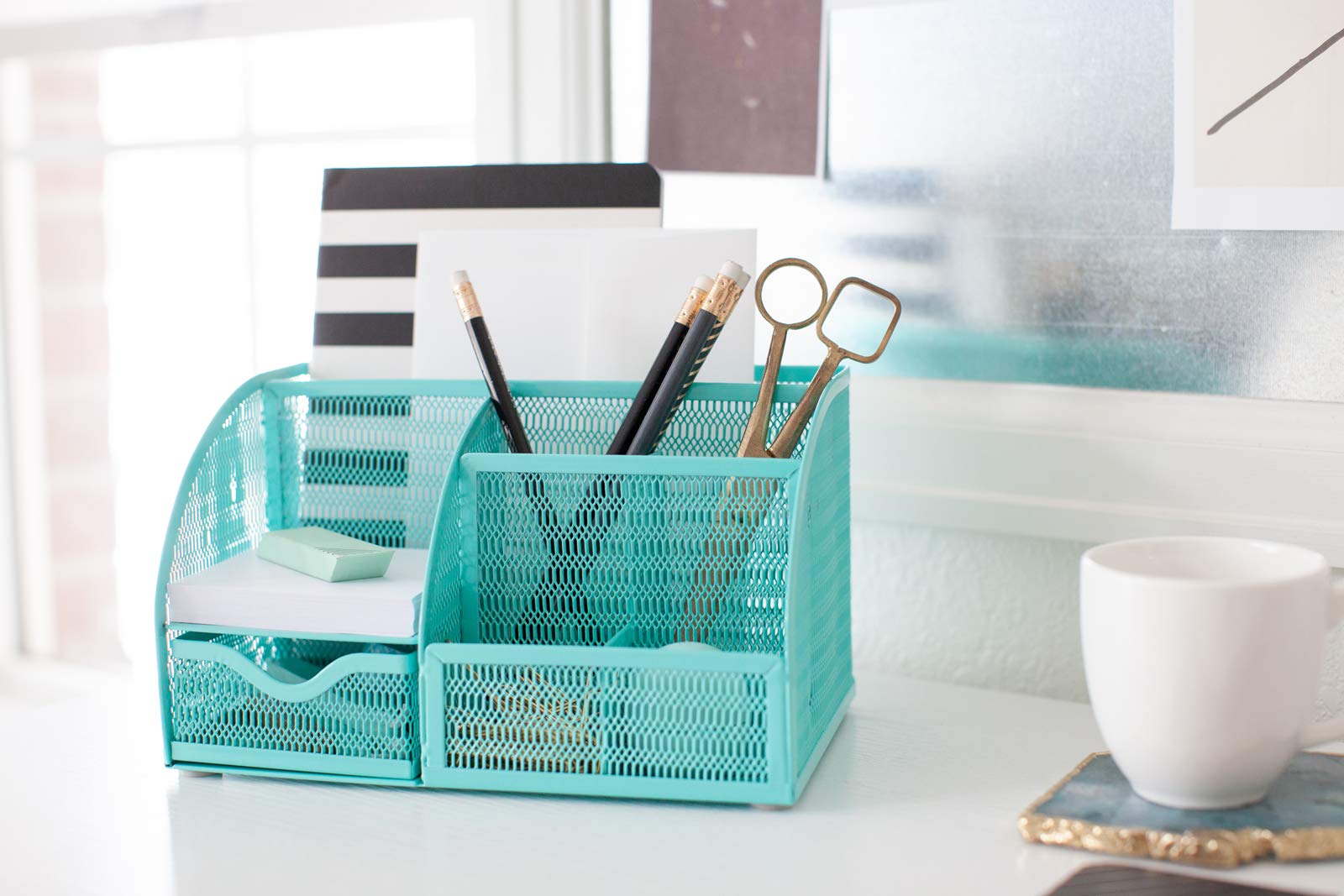 BLU MONACO Aqua Desk Organizer - Girly Cute Aqua Turquoise Desk Accessories - Storage for School Locker Bedroom or Home - Stationary Holder