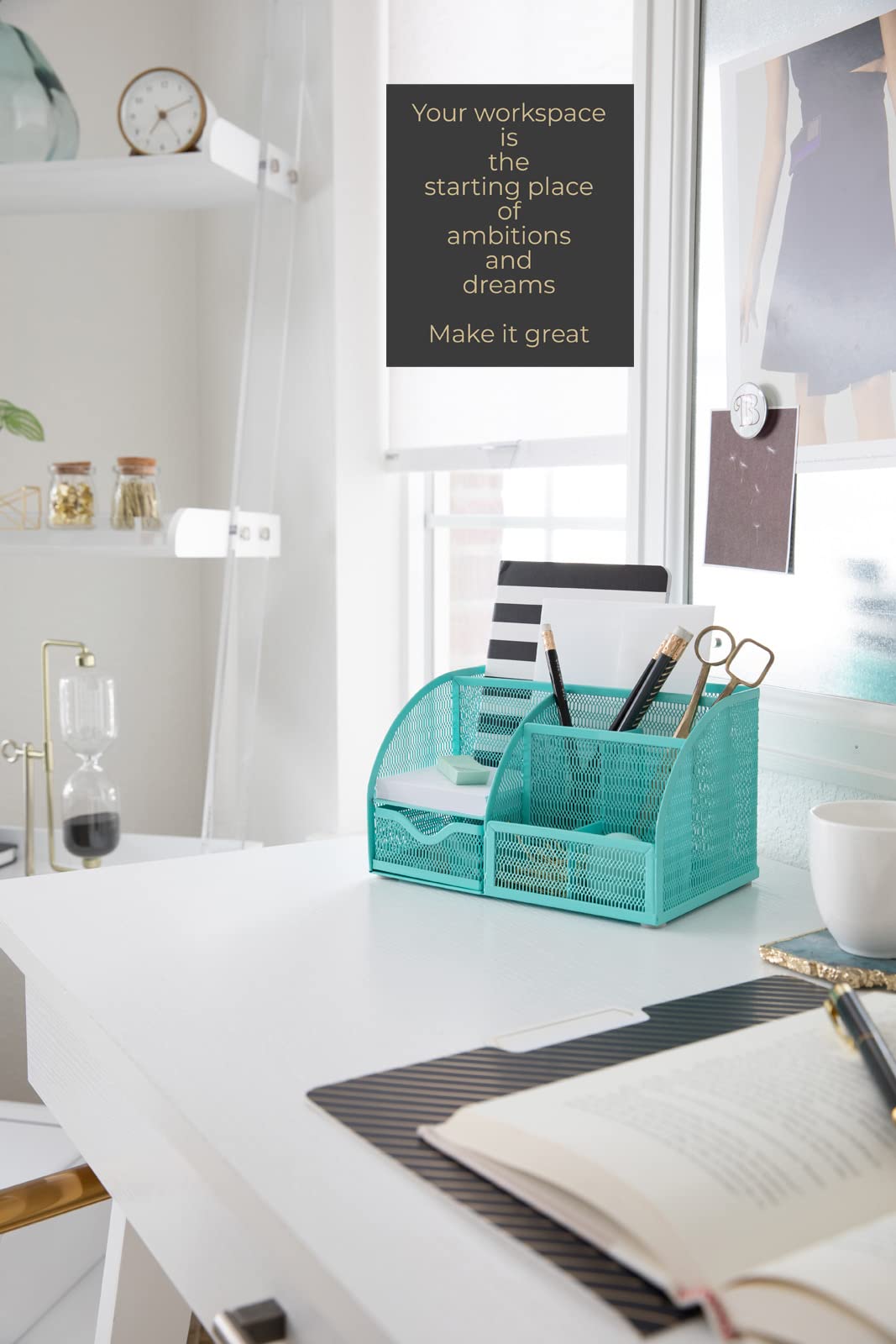 BLU MONACO Aqua Desk Organizer - Girly Cute Aqua Turquoise Desk Accessories - Storage for School Locker Bedroom or Home - Stationary Holder