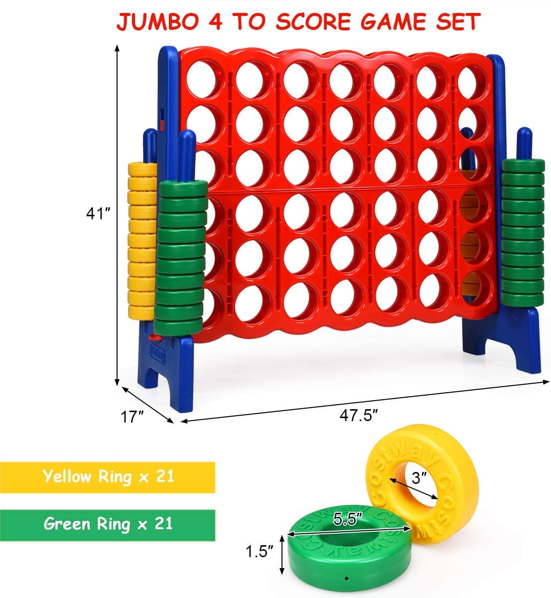 COSTWAY Jumbo 4-to-Score Giant Game Set, 4 in A Row for Kids and Adults, 3.5FT Tall Indoor & Outdoor Game Set with 42 Jumbo Rings & Quick-Release Slider, Perfect for Holiday Party & Family Game