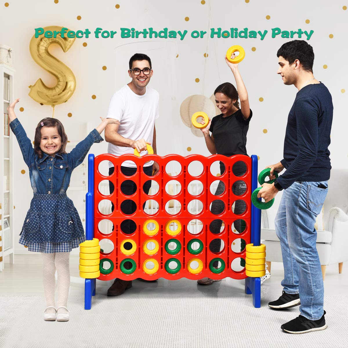 COSTWAY Jumbo 4-to-Score Giant Game Set, 4 in A Row for Kids and Adults, 3.5FT Tall Indoor & Outdoor Game Set with 42 Jumbo Rings & Quick-Release Slider, Perfect for Holiday Party & Family Game