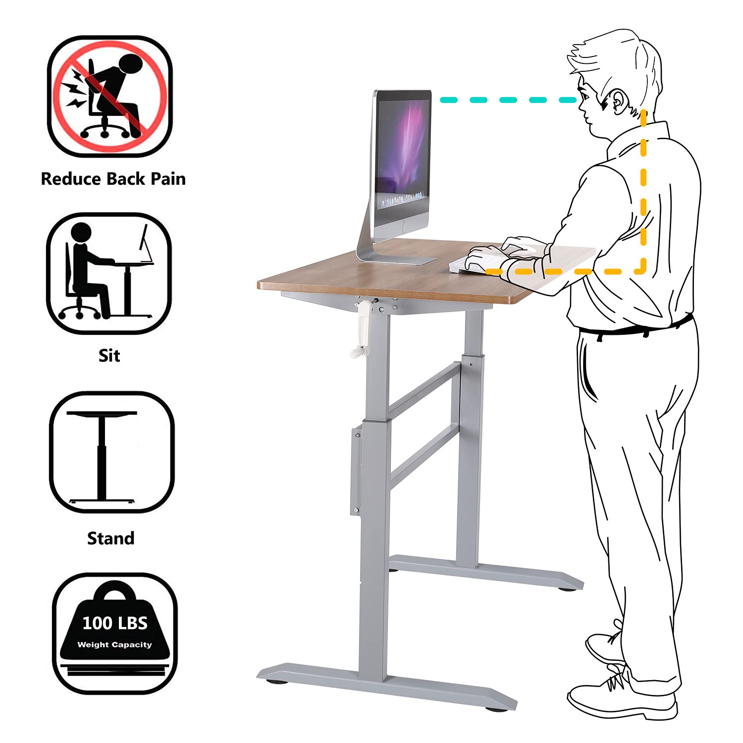 UNICOO Manual Standing Desk Adjustable Height Heavy Duty Game Desk, Crank Adjustable Desk, Adjustable Computer Desk, Manual Stand Up Desk with Headphone Hook,48 x 24 Inches(SYK01-Grey Oak)