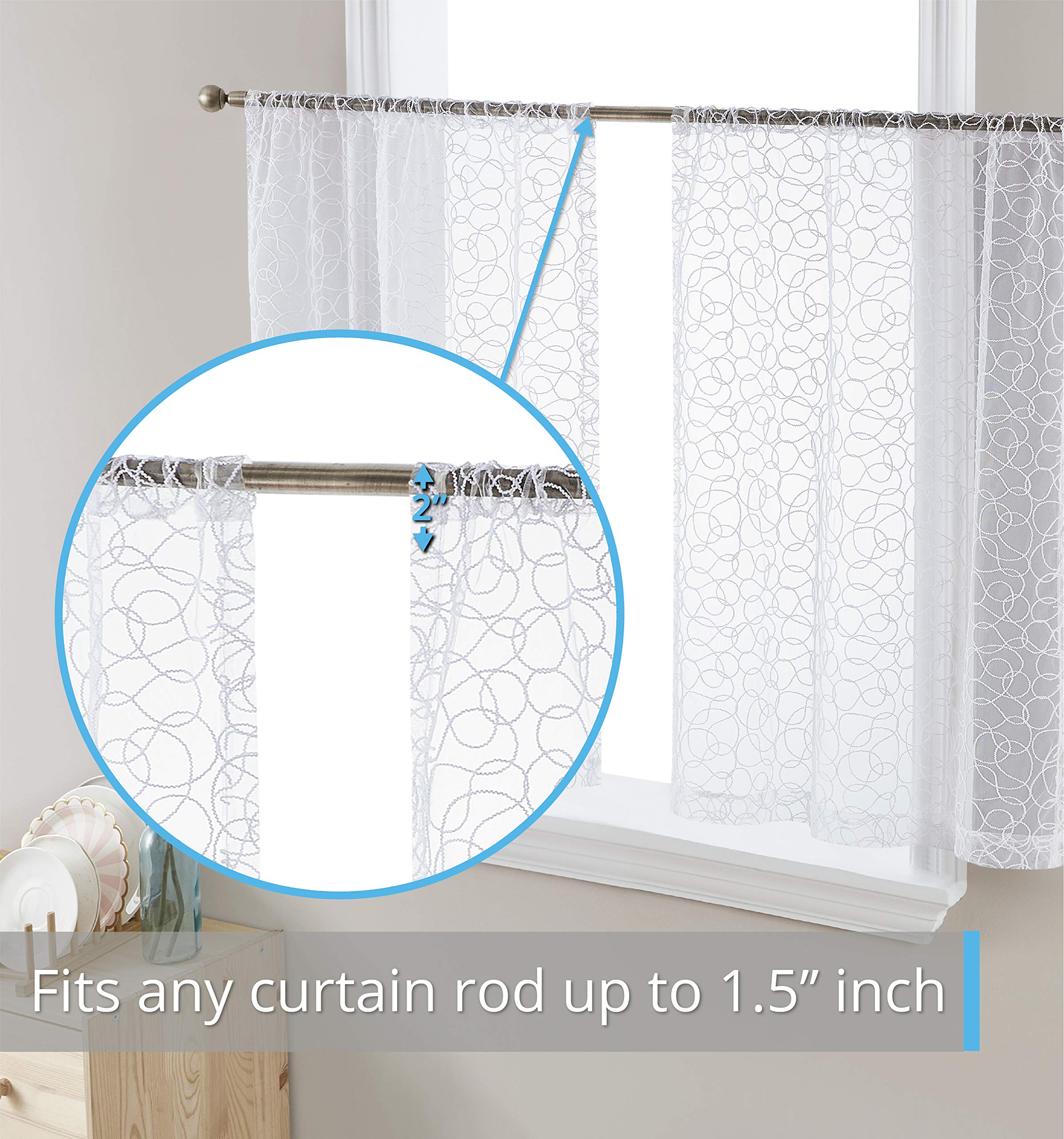 HLC.ME Audrey Embroidered Sheer Voile Window Curtain Short Rod Pocket Tiers for Kitchen, Bedroom, Small Windows and Bathroom (30 x 24 inch Long, White)