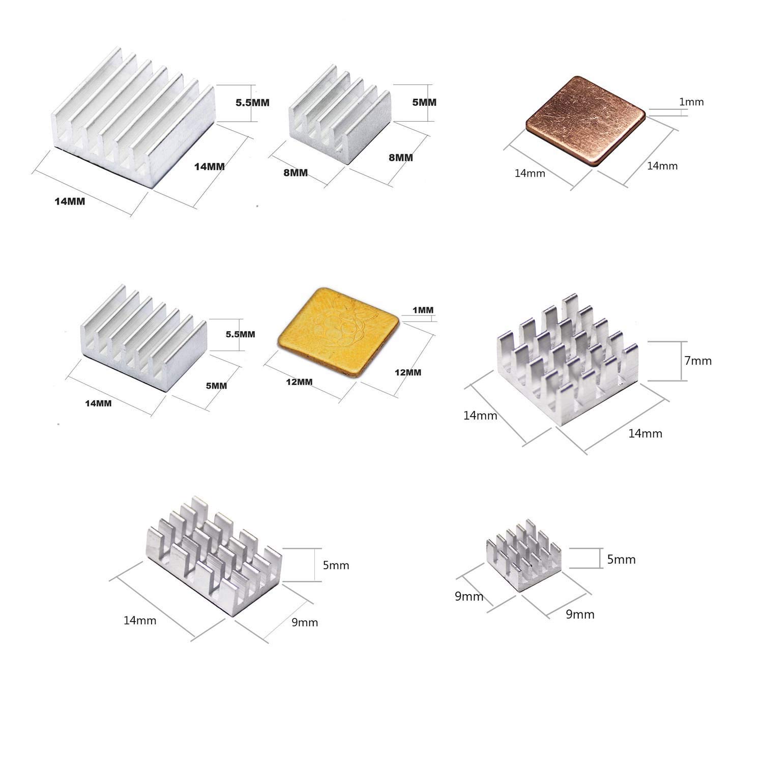 Pastall 100 PCS (8 Different Sizes) Heatsink Kit with Conductive Adhesive Tape, Aluminum Heat Sink Cooler and Copper Heatsink for Raspberry Pi A B B+ 2/3/4