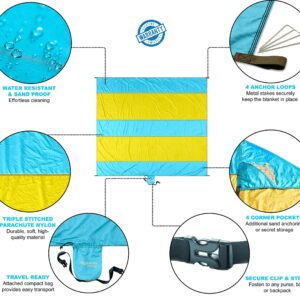 AQUATUS Premium XXL Beach Blanket Sandproof Water Resistant Quick Dry Mat 10ft by 9ft for 1-8 Adults with 4 Metal Stakes, 4 Corner Pockets, Secure Clip and Strap, and Attached Bag