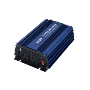 dc 12v to ac120v pure sine wave power inverter 300w with dual sockets output and dc 5v 2amp usb output. ideal for most small power appliances. (300w) blue