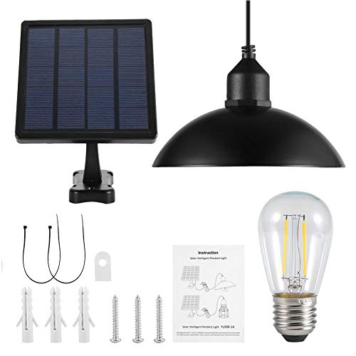 Solar Powered Pendant Light E27 Bulb, Metal Shade Solar Powered Pendant Light E27 Bulb Outdoor Hanging Shed Lamp for Home Garden