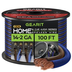 14 gauge car speaker wire, gearit pro series (100 feet, soft touch translucent blue/black) copper clad aluminum cca 14 awg automotive car speaker wire for car stereo, car audio wiring kit - 100ft