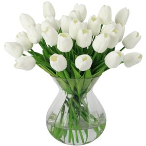 nubry 30pcs artificial tulip flowers fake real touch tulips flower bouquet for wedding arrangements centerpieces home decoration (white)