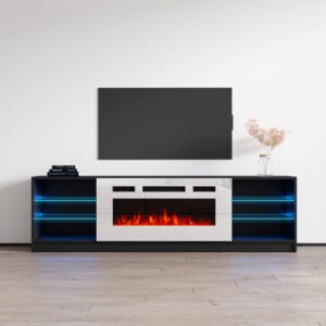 boston wh01 fireplace tv stand for tvs up to 90", modern high gloss 79" entertainment center, electric fireplace tv media console with storage cabinets and led lights