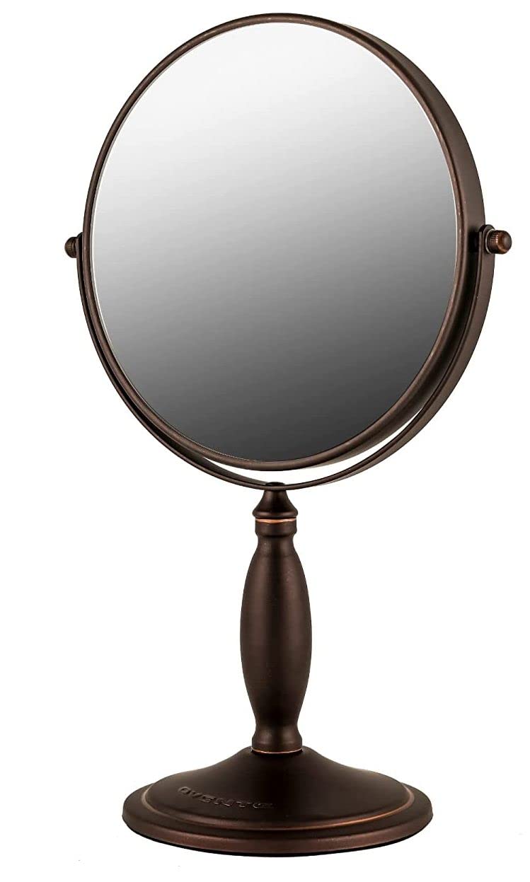 OVENTE 8'' Tabletop Makeup Mirror, 1X & 7X Magnification, Adjustable Spinning Double Sided Round Magnifier, Modern Décor for Office, Bath, Hotel, Compact for Travel, Antique Bronze MNLAT80ABZ1X7X