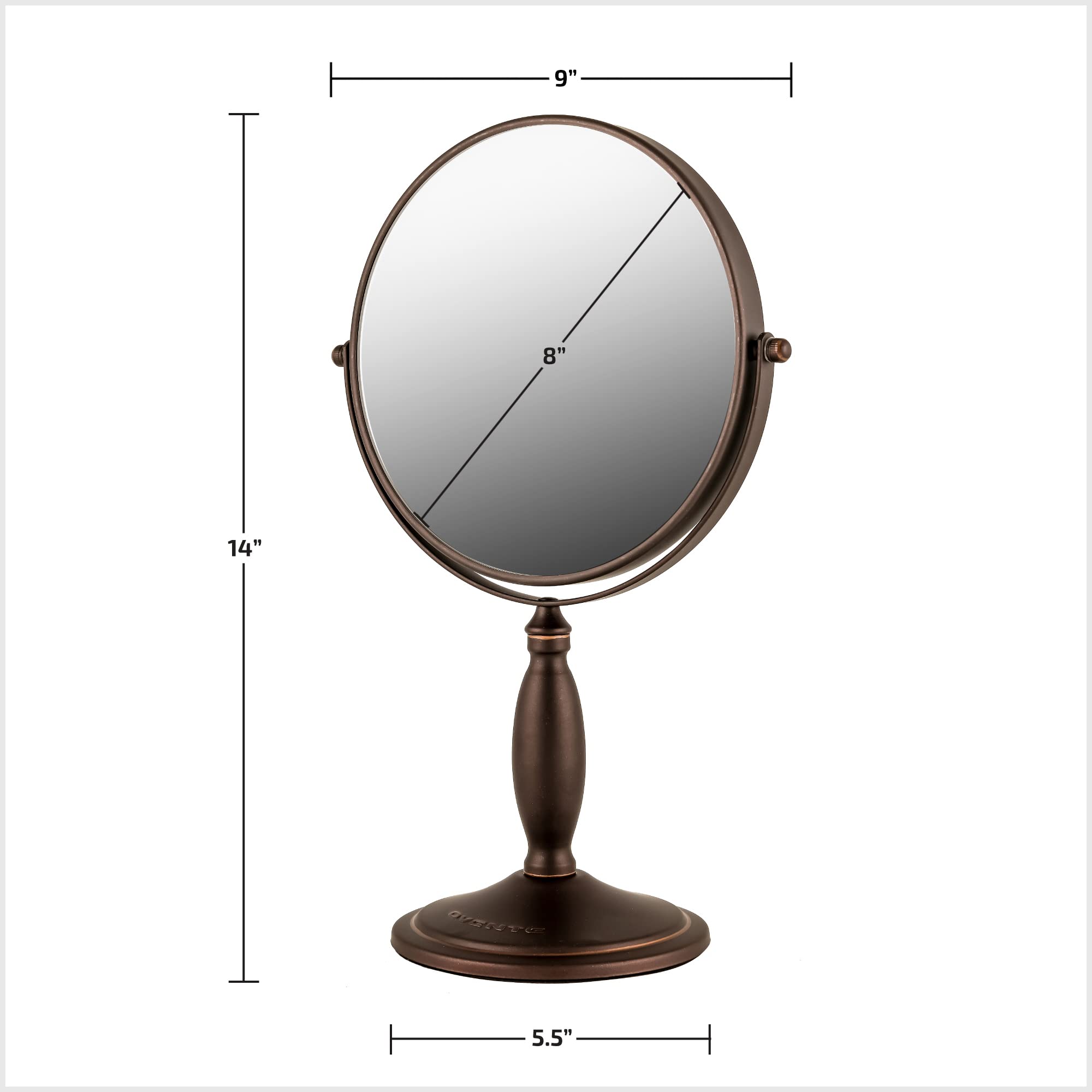 OVENTE 8'' Tabletop Makeup Mirror, 1X & 7X Magnification, Adjustable Spinning Double Sided Round Magnifier, Modern Décor for Office, Bath, Hotel, Compact for Travel, Antique Bronze MNLAT80ABZ1X7X