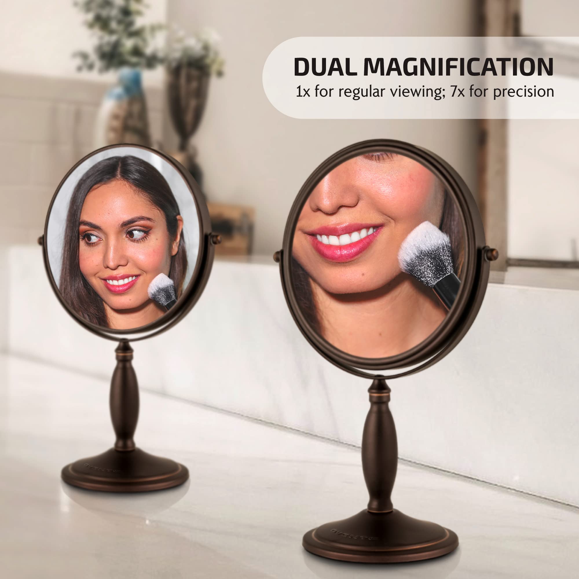 OVENTE 8'' Tabletop Makeup Mirror, 1X & 7X Magnification, Adjustable Spinning Double Sided Round Magnifier, Modern Décor for Office, Bath, Hotel, Compact for Travel, Antique Bronze MNLAT80ABZ1X7X