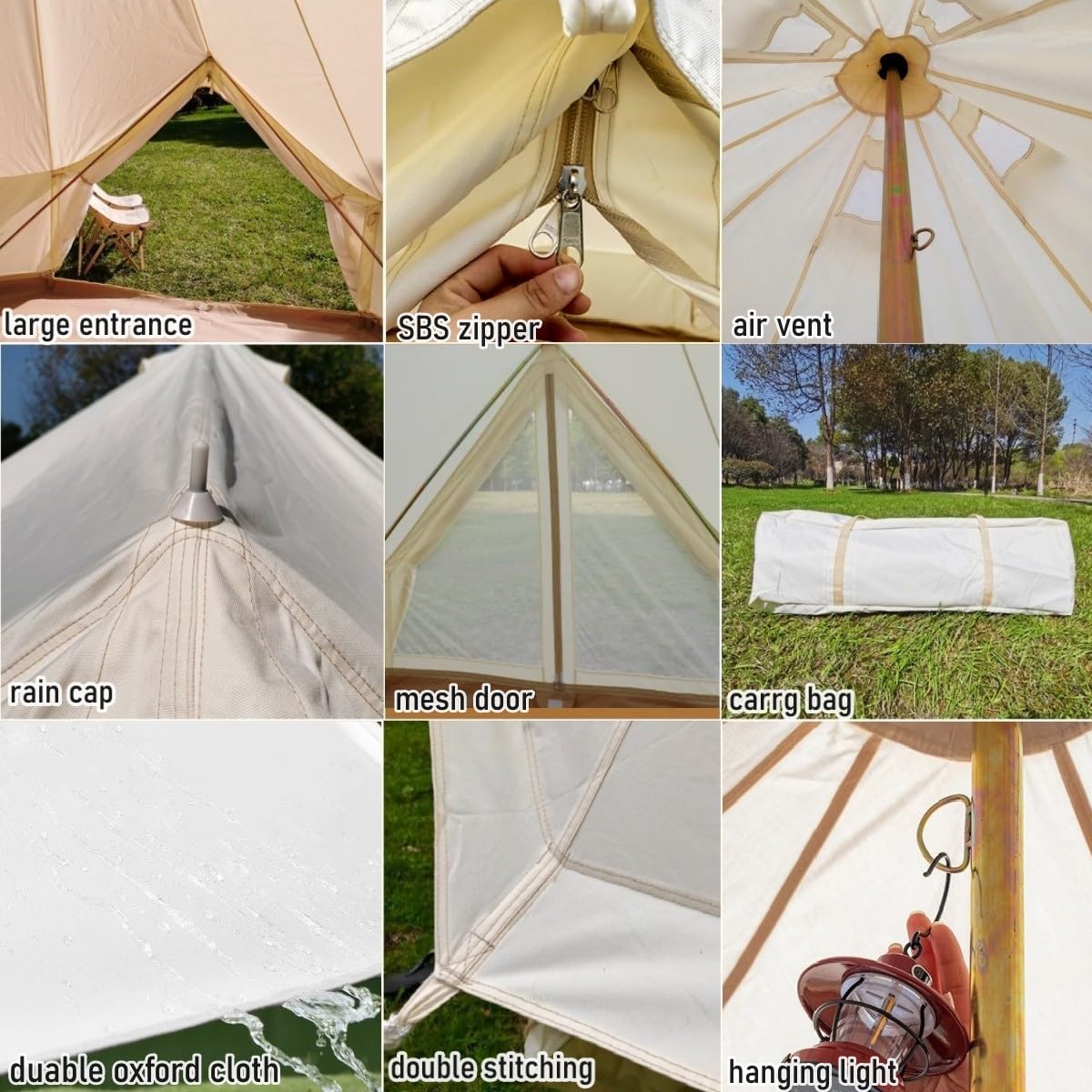 Outdoor Family Camping Safari Glamping Tent Waterproof Luxury 3/4/5/6M Yurt Bell Tent with Mesh Screen (Off White Oxford Tent, 4M Bell Tent)