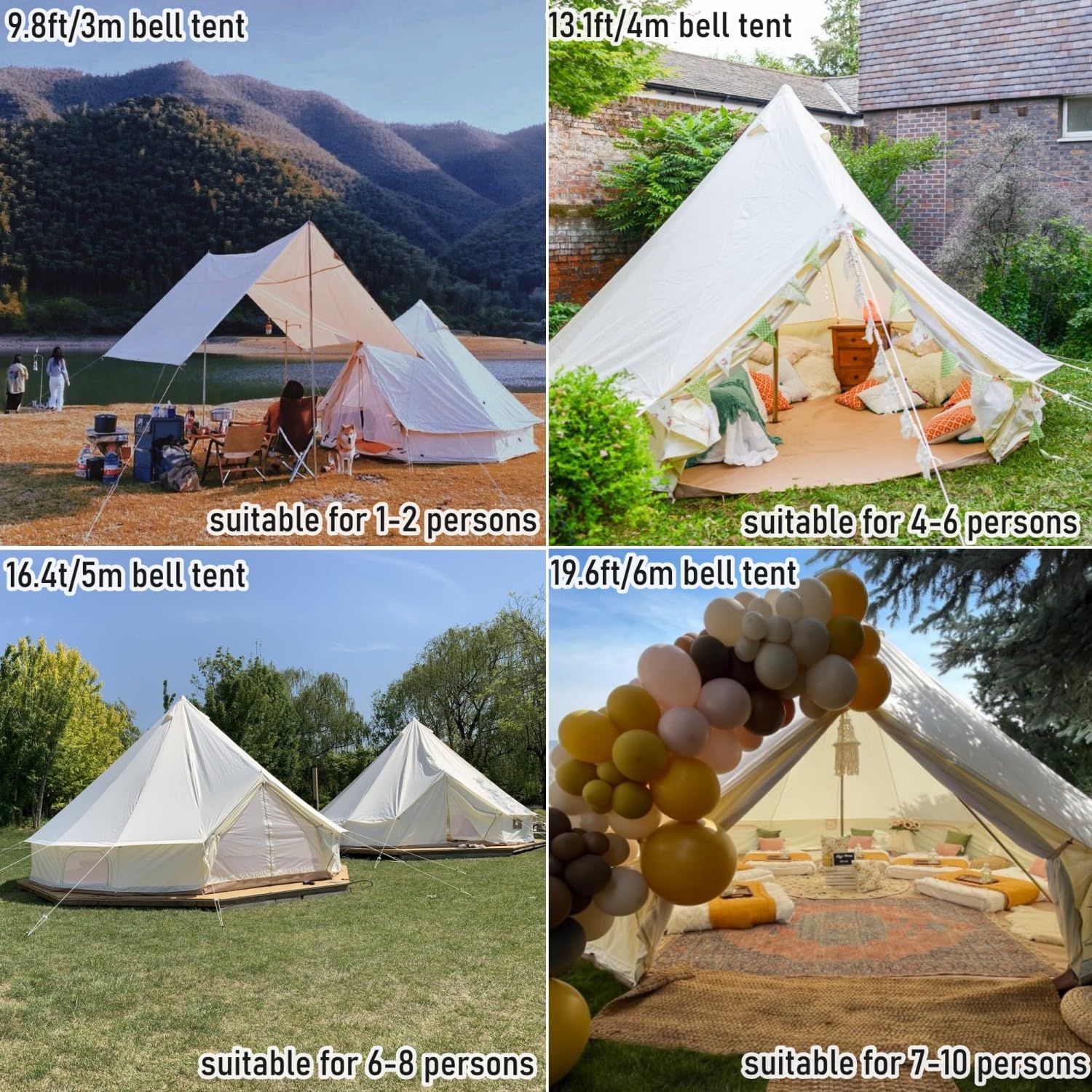 Outdoor Family Camping Safari Glamping Tent Waterproof Luxury 3/4/5/6M Yurt Bell Tent with Mesh Screen (Off White Oxford Tent, 4M Bell Tent)