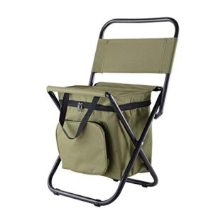 unistrengh outdoor folding fishing chair portable camping stool foldable chair with double layer oxford fabric cooler bag for fishing beach (military green)