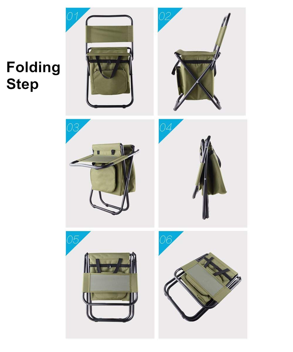 UNISTRENGH Outdoor Folding Fishing Chair Portable Camping Stool Foldable Chair with Double Layer Oxford Fabric Cooler Bag for Fishing Beach (Military Green)