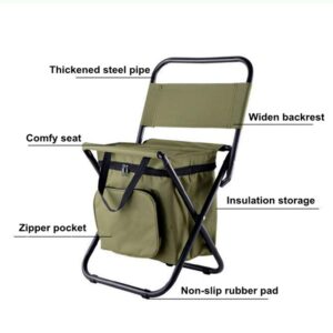 UNISTRENGH Outdoor Folding Fishing Chair Portable Camping Stool Foldable Chair with Double Layer Oxford Fabric Cooler Bag for Fishing Beach (Military Green)