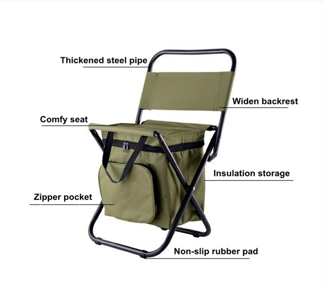 UNISTRENGH Outdoor Folding Fishing Chair Portable Camping Stool Foldable Chair with Double Layer Oxford Fabric Cooler Bag for Fishing Beach (Military Green)